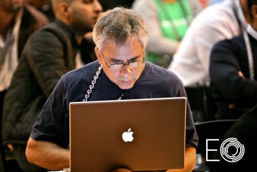 An EO member works on a laptop computer.